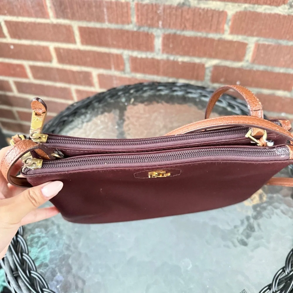 Lauren Ralph Lauren Burgundy Nylon Double Zip Crossbody Bag Burgundy Brown
